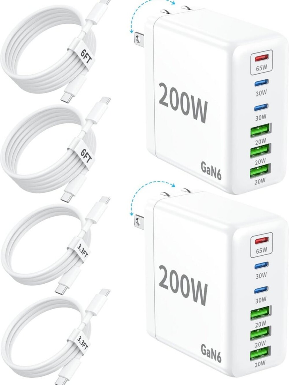 2-Pack 200W GaN Fast USB C Charger Block, 6-Port Type C Power Adapter